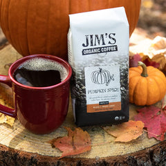 Jim's Organic Coffee brewed in drip machine showing brewed cup aroma and convenience benefit