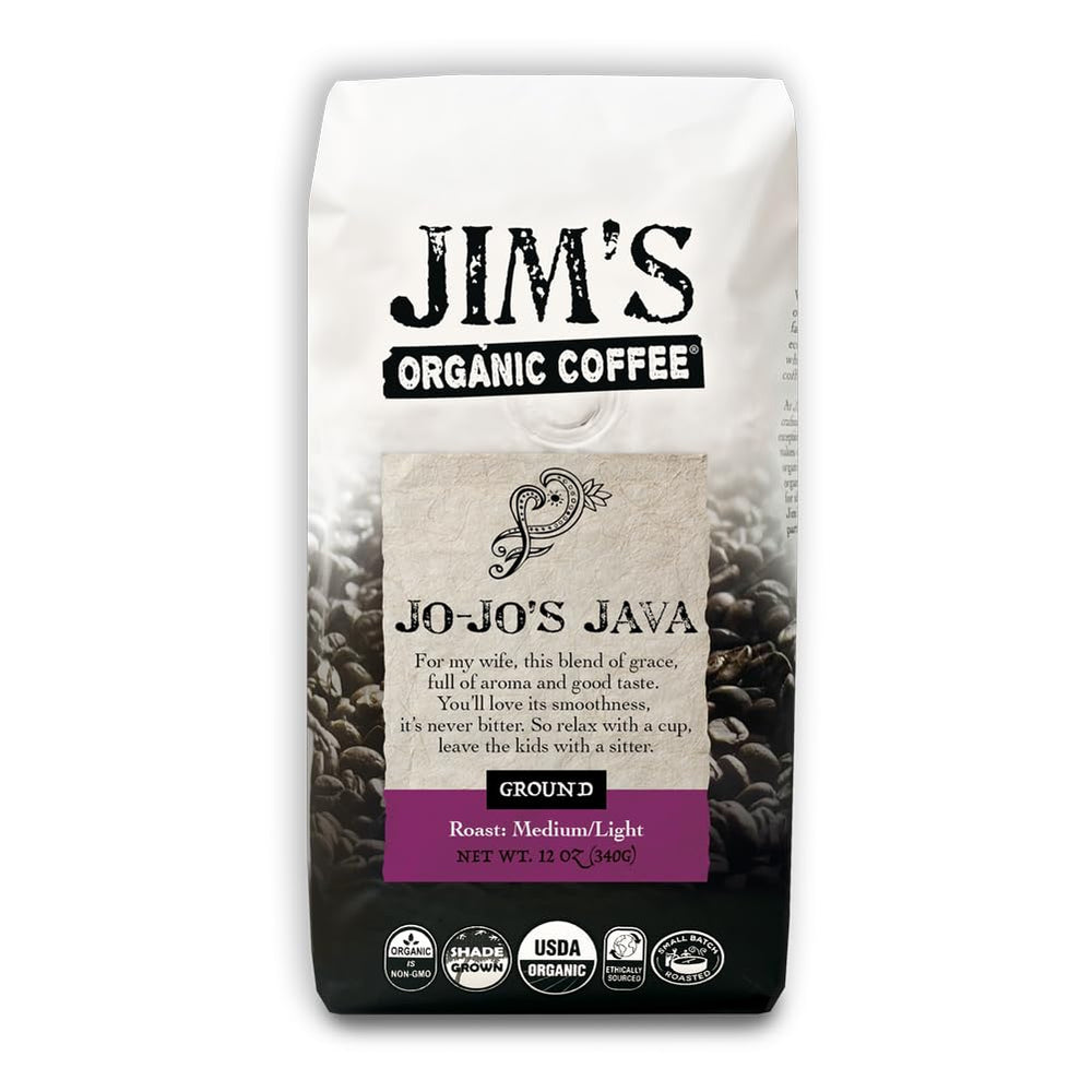 Jim's Organic Coffee front packaging shows blend label and organic badge for trust