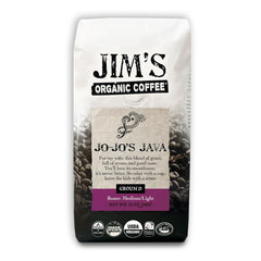 Jim's Organic Coffee front packaging shows blend label and organic badge for trust