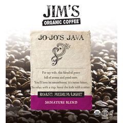 Jim's Organic Coffee ground close-up texture highlighting even grind for balanced brew