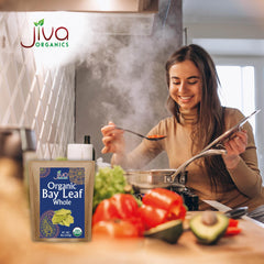 Jiva Organics bay leaves beside kitchen ruler showing 8 ounce scale benefit