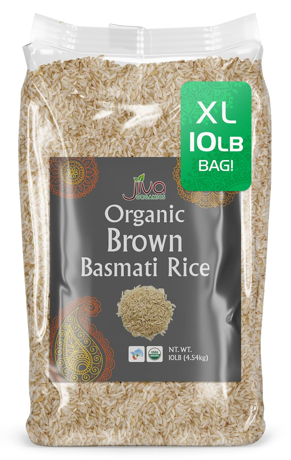 Jiva Organics front packaging showing 10 lb bag and organic badge for pantry-worthy supply