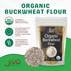 Jiva Organics close-up texture of dark buckwheat flour for hearty baking