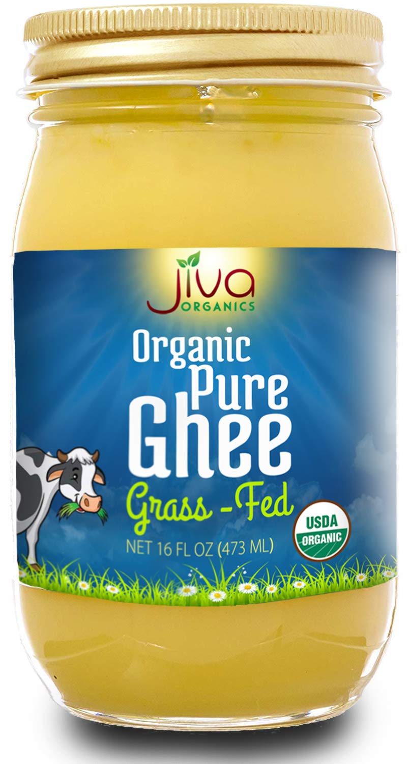 Jiva Organics jar front label showing organic grass-fed ghee benefits