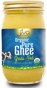 Jiva Organics jar front label showing organic grass-fed ghee benefits