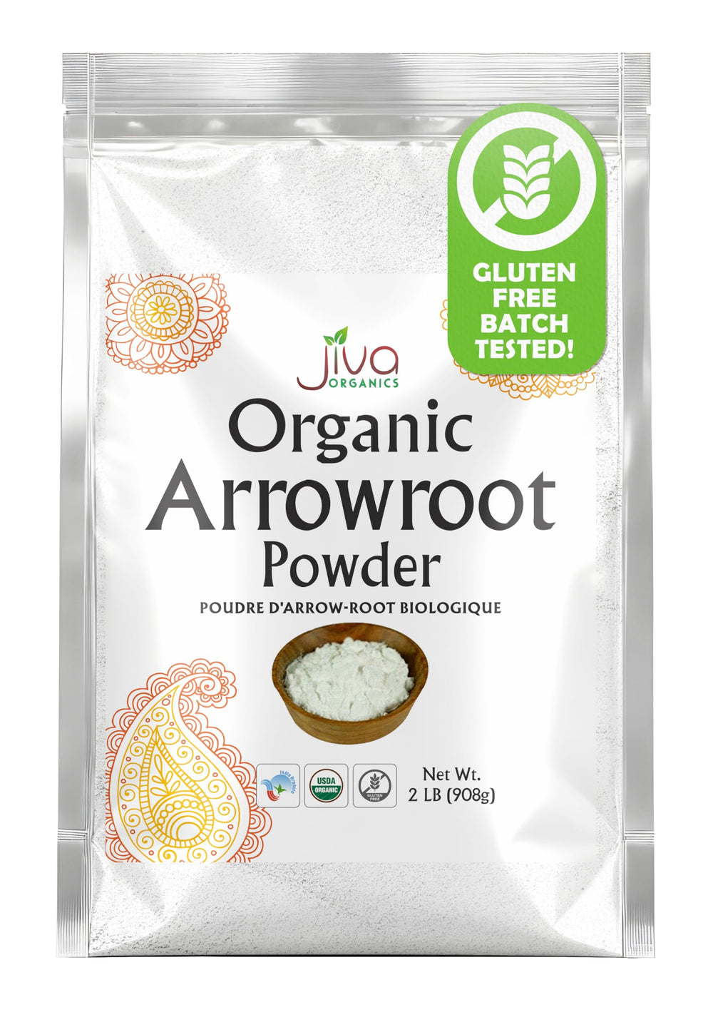 Jiva Organics front packaging showing 2 pound bag and organic seal benefits