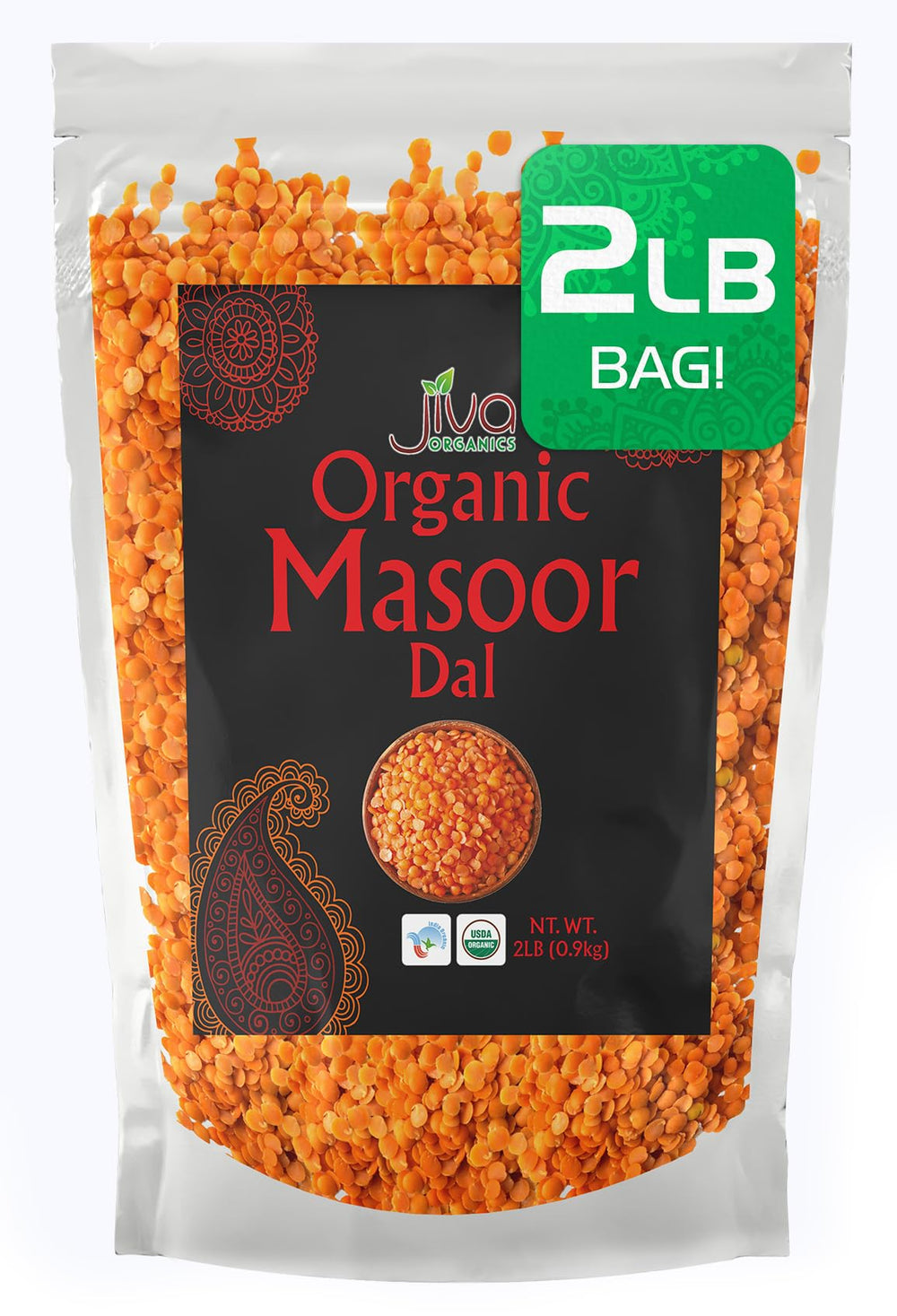 Jiva Organics front packaging showing organic 2-pound masoor dal benefits
