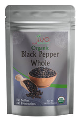 Jiva Organics front packaging showing 1 lb bag and premium organic peppercorns benefit: clear product view