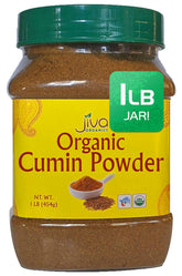 Jiva Organics jar front showing organic cumin powder and benefit of pure flavor