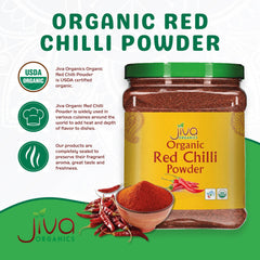 Jiva Organics jar open with visible red chili powder for easy scooping
