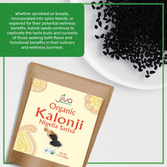 Jiva Organics wooden spoon heaping kalonji seeds for easy portioning