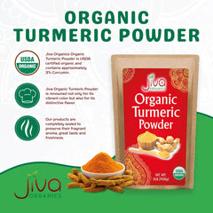 Jiva Organics turmeric powder closeup showing fine natural texture and color