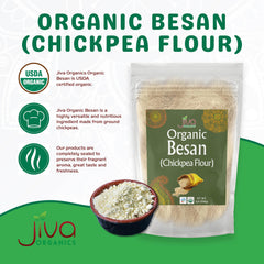 Closeup of Jiva Organics fine besan texture showing consistent grind for even cooking