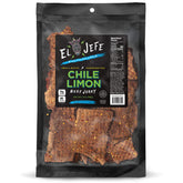 J&K Beef Jerky front packaging showing bold Chile Limon label and resealable bag benefit