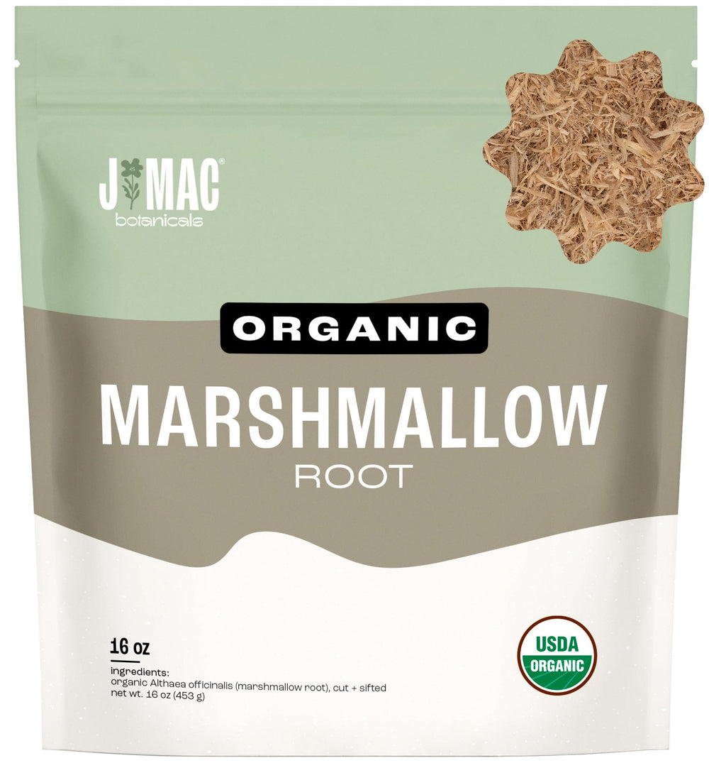 J Mac Botanicals front packaging showing organic one-pound bag and label benefit freshness