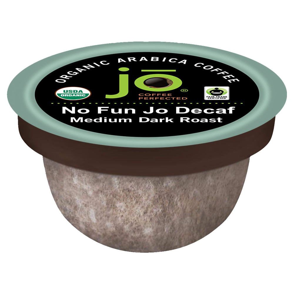Jo Coffee front packaging showing 72 pods and organic seal, clear product benefit