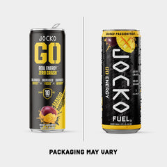 Jocko GO can close-up label highlighting mango passionfruit flavor and no-sugar benefit