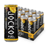Jocko GO mango passionfruit front packaging showing 12-pack and bold branding for convenience