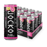 Jocko Fuel GO pink lemonade front packaging showing cans and brand benefit of ready energy