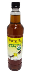 Joe's Syrup front bottle showing organic vanilla label and clear volume benefit