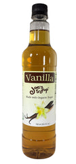 Joe's Syrup front label on 750 ml bottle showing organic vanilla benefits