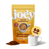 Joe'y front packaging showing label and 60-serving container, clarity of product benefit