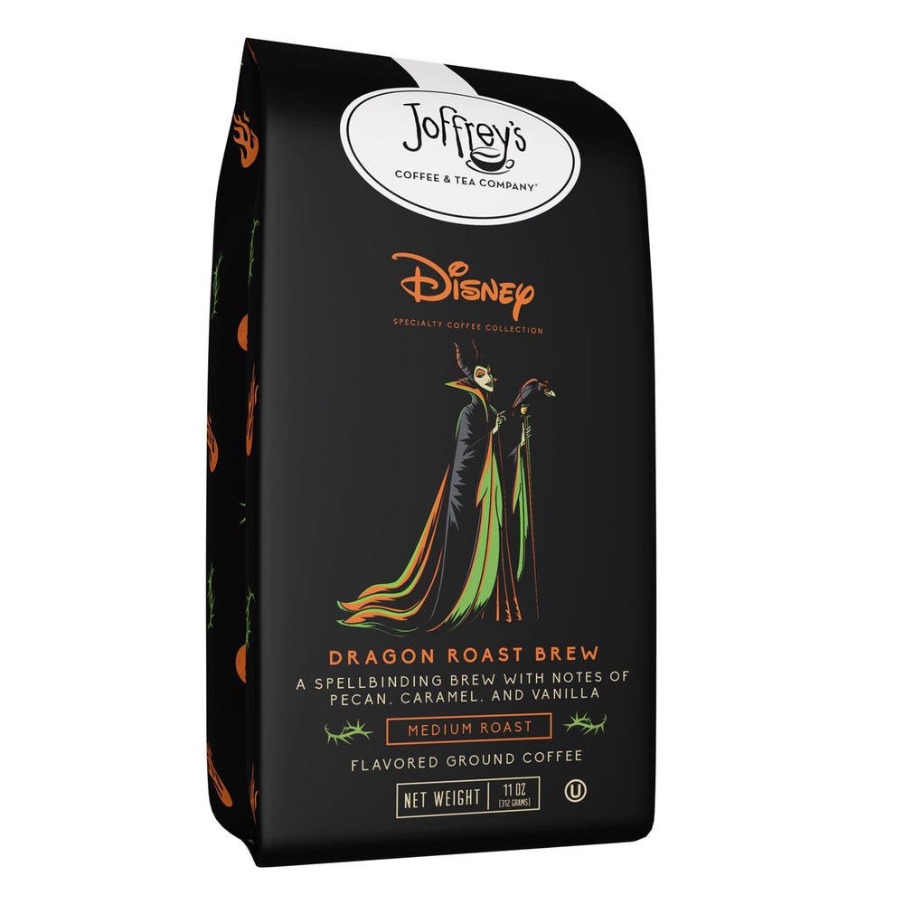 Joffrey's front packaging showing Disney Dragon Roast benefits and aroma