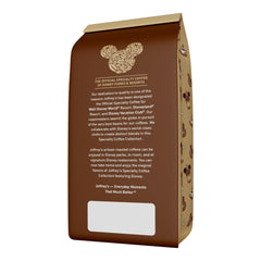 Joffrey's Coffee label close-up with Mickey artwork and roast details, highlights product authenticity