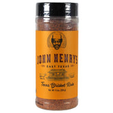 John Henry's front label view showing bold brisket rub branding and jar