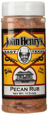John Henry's pecan rub front label showing brand and jar for pantry convenience