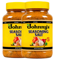 Johnny's seasoning salt front packaging showing two 32 oz tubs for pantry convenience