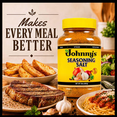 Johnny's seasoning salt sprinkled on steak enhancing grilled flavor and crust