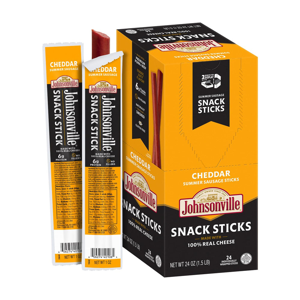 Johnsonville front packaging showing cheddar snack sticks and easy grab-and-go benefit