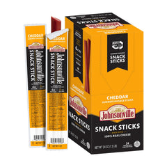 Johnsonville front packaging showing cheddar snack sticks and easy grab-and-go benefit