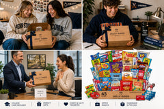 Jolly Good Care Packages in dorm room and office scene demonstrating convenience for students and coworkers