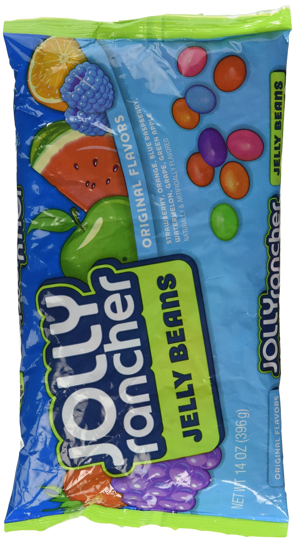 Jolly Rancher front packaging showing colorful 14-ounce bag and variety benefits