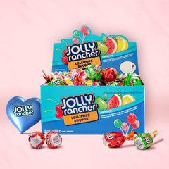 Detail shot of a Jolly Rancher pop on its stick demonstrating long-lasting candy texture