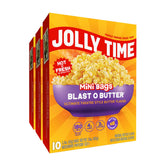 jolly time front box showing 3 boxes and package benefits for pantry convenience