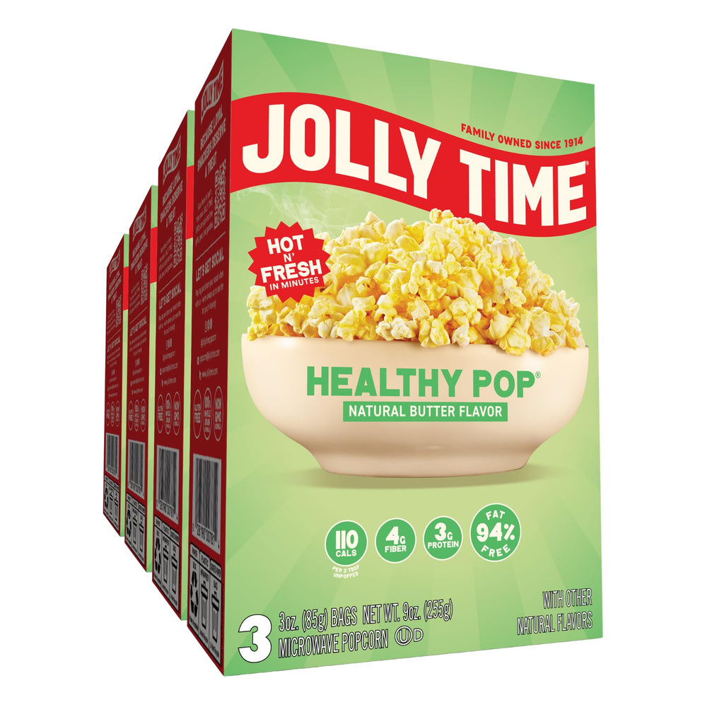Jolly Time front packaging showing buttery sharing bag and pack information