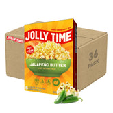 Jolly Time front packaging showing jalapeño butter flavor and 3oz sharing bag benefit