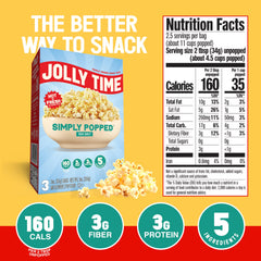 Jolly Time open bag with 11 cups popped popcorn offering fresh convenience