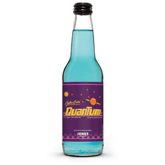Jones Soda Co. front bottle view showing vibrant blue quantum color and collectible appeal