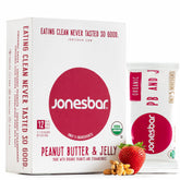 jonesbar front packaging showing peanut butter and jelly flavor and organic badge