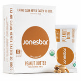 jonesbar front packaging shows organic peanut butter flavor and certifications for trust