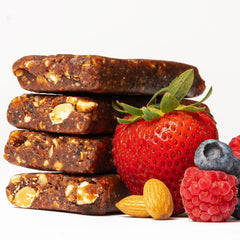 jonesbar single bar unwrapped close-up with visible fruit and nut pieces, highlights natural texture