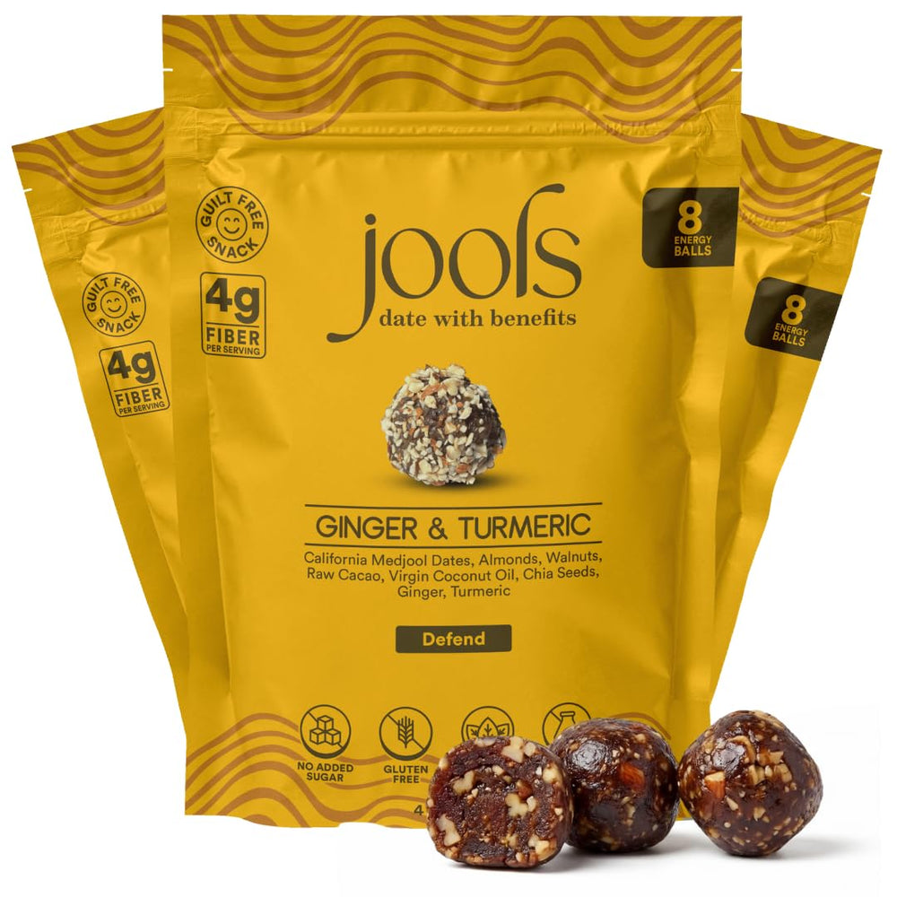 Jools front packaging showing ginger turmeric flavor and no added sugar benefit