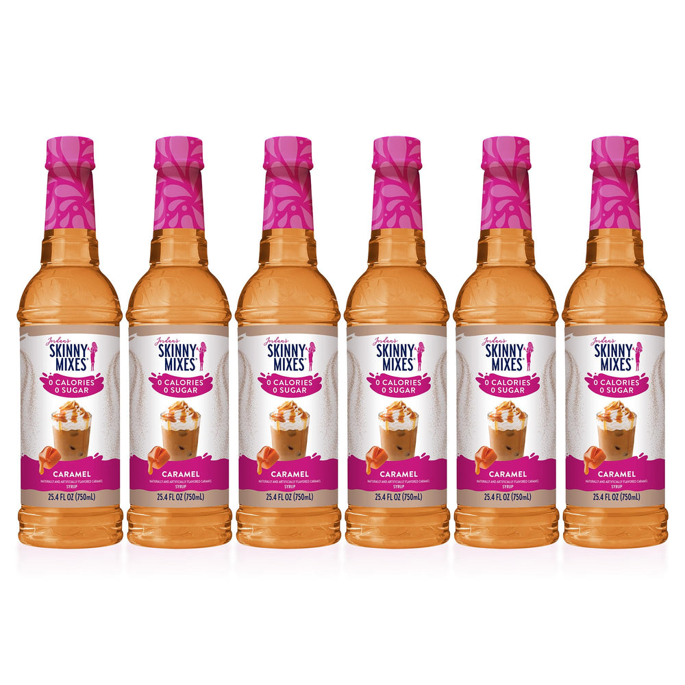Jordan's Skinny Mixes caramel front packaging showing bottle and label benefits