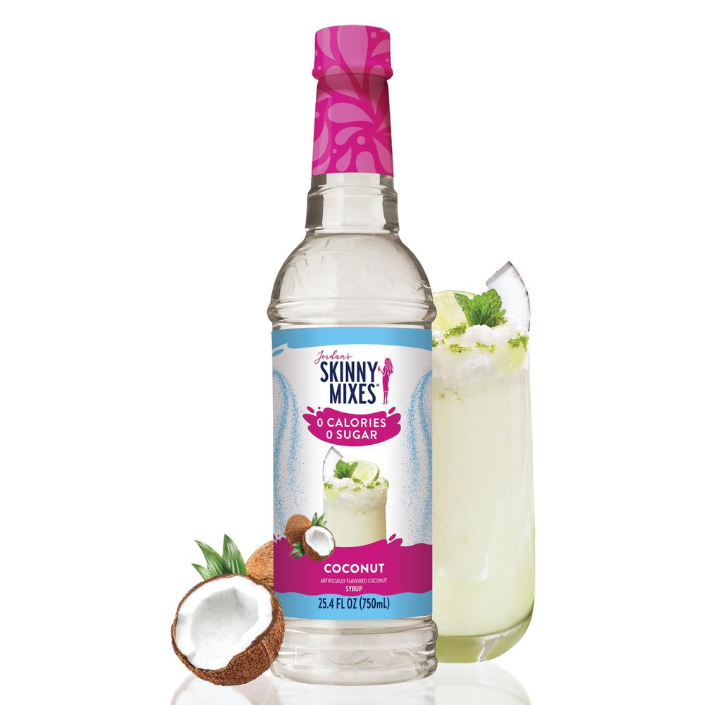 Jordan's Skinny Mixes bottle front label showing coconut flavor and zero sugar benefit