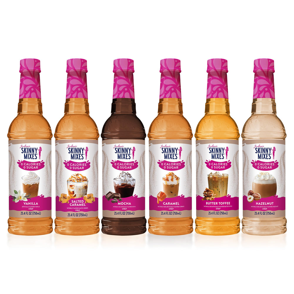 Jordan's Skinny Mixes front packaging showing six sugar free syrup bottles and sampler benefits