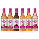 Jordan's Skinny Mixes front packaging showing six sugar free syrup bottles and sampler benefits